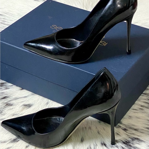 SERGIO ROSSI 105MM “GODIVA” POINTED TOE STILETTOS, SZ IT38 BLACK PATENT LEATHER - Picture 8 of 9